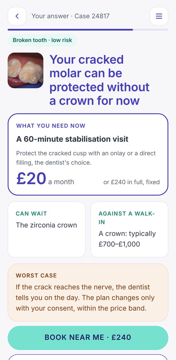The answer screen: what you need now, a fixed price, signed by a dentist