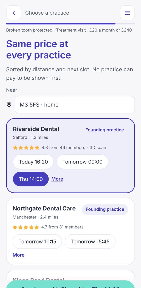 Choosing a partner practice by distance and next slot